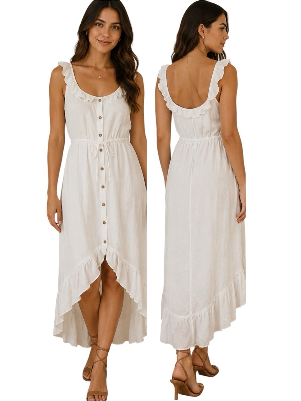 Luxology White Sleeveless Button Front Midi Dress Size L Ruffle Hem